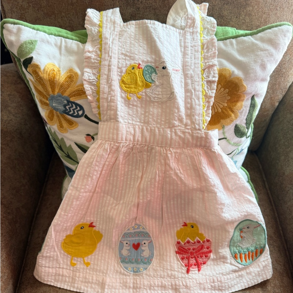 Mini Boden Girls Easter Pink Ivory Striped Chicks Appliqué Pinafore Dress 3-4Y